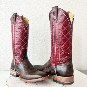 Rod Patrick Mens Cowboy Boots 9 B Brown Mocha Bison Red Top Square Toe Western